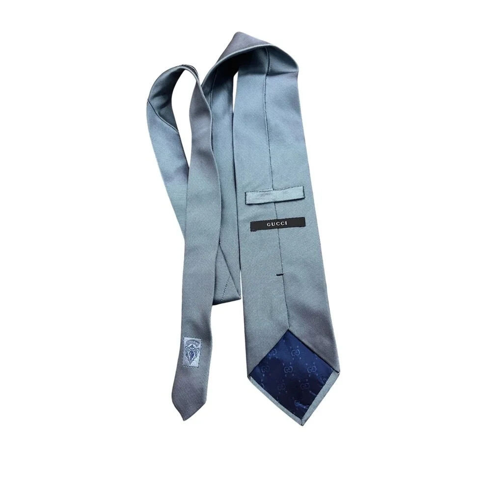 Vintage Gucci Mens Silk Necktie Grey Blue Textured Woven Designer Tie Italy I10